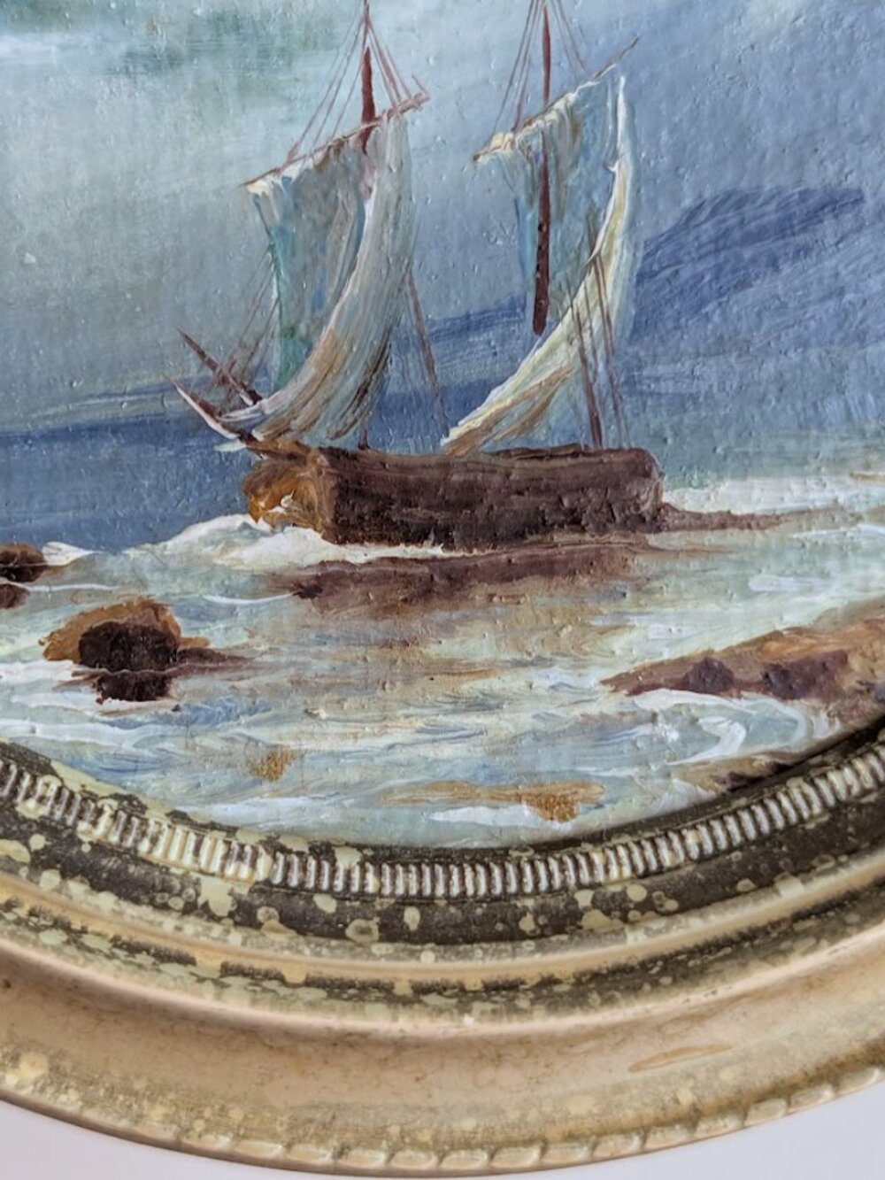 Vintage Oval Framed Oil Painting Ocean Sailboat Vintage Seascape Art Painting 8" - Picture 5 of 15